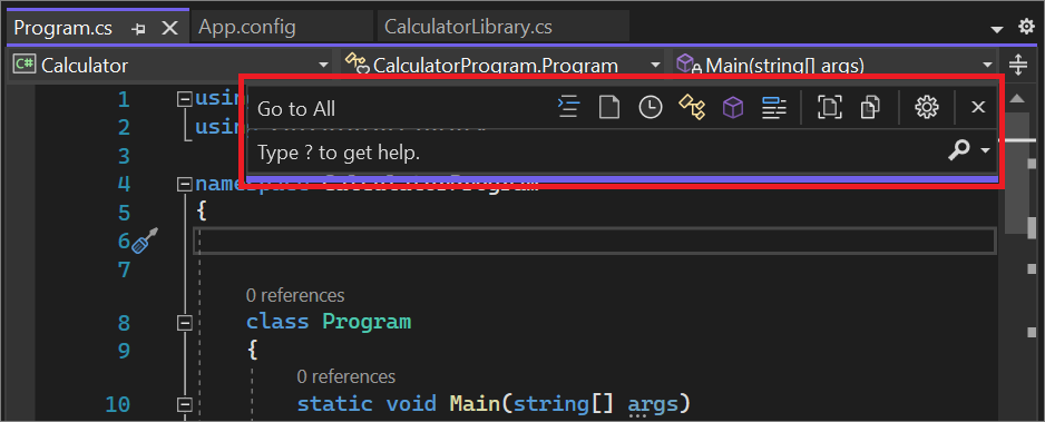 Screenshot of the Go To All window in Visual Studio.