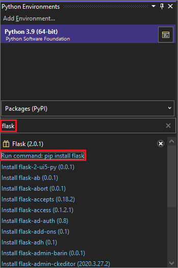 Screenshot that shows installing the Flask library using pip install.