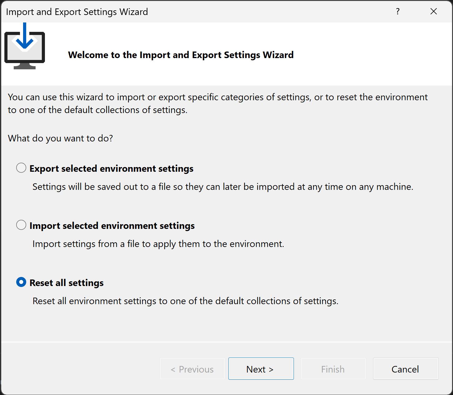 Captura de tela do 'Assistente de Importação e Exportação de Configurações' no Visual Studio 2022.