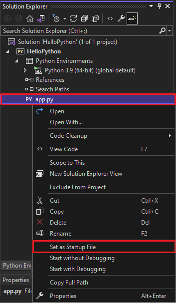 Screenshot that shows setting the startup file for a project in Solution Explorer.