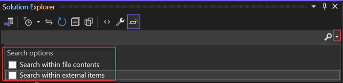 Captura de tela da barra de pesquisa do Gerenciador de Soluções e das opções de pesquisa no Visual Studio.
