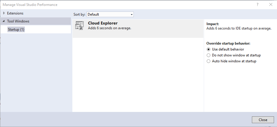 Manage Visual Studio performance - tool windows view