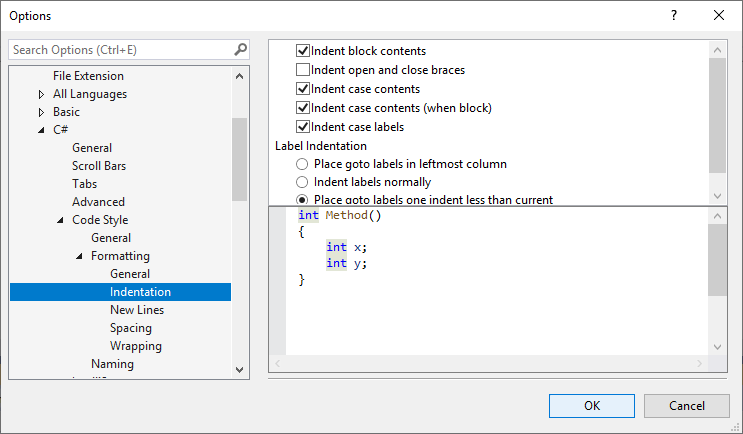 Opções de recuo do editor de texto em C# no Visual Studio