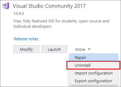 Desinstalar o Visual Studio 2017