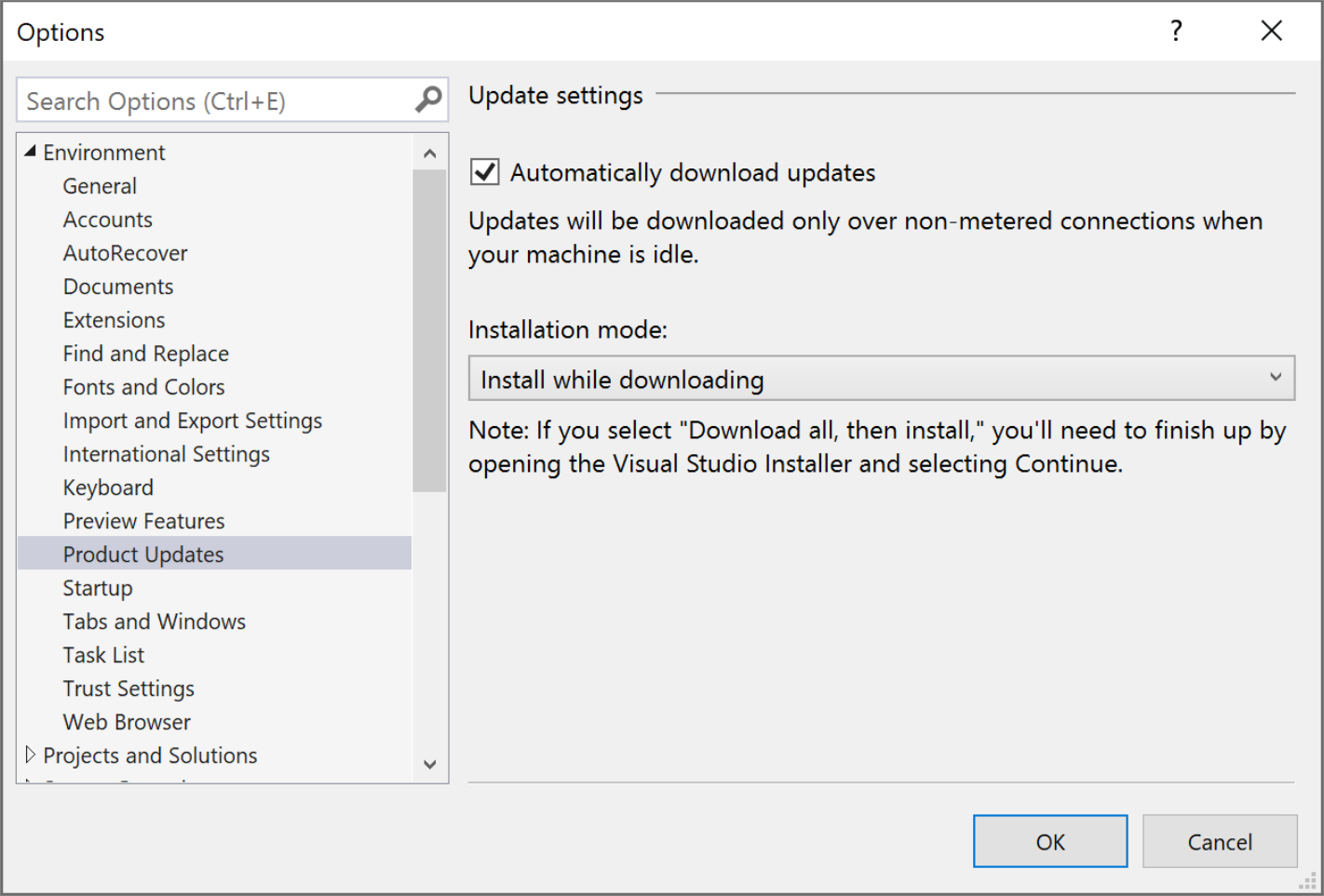 Captura de tela mostrando as configurações de atualizações Visual Studio.