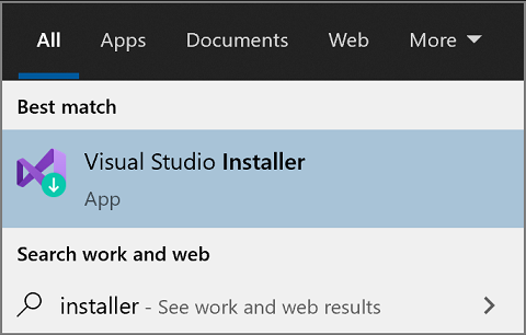 Captura de tela mostrando o resultado de uma menu Iniciar pesquisa para o Instalador do Visual Studio.