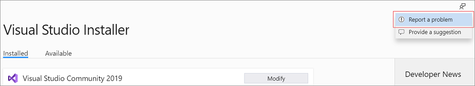 Captura de tela mostrando o botão Fornecer comentários no Instalador do Visual Studio.