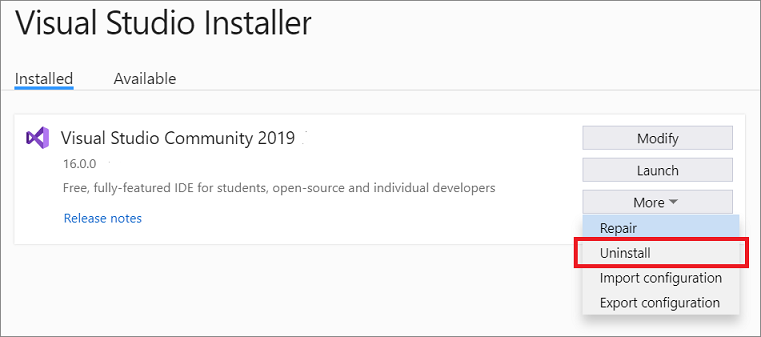 desinstalar o Visual Studio 2019