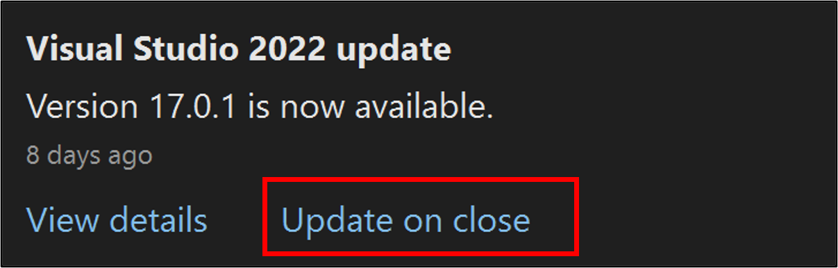 Captura de tela mostrando a opção Atualizar ao fechar na caixa de mensagem atualizar notificação.