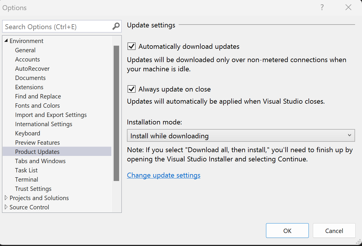 Captura de tela mostrando as configurações de Atualizações na janela Opções do Visual Studio IDE.