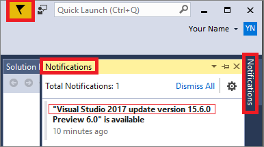 Captura de tela mostrando uma atualização no hub notificação do Visual Studio IDE.