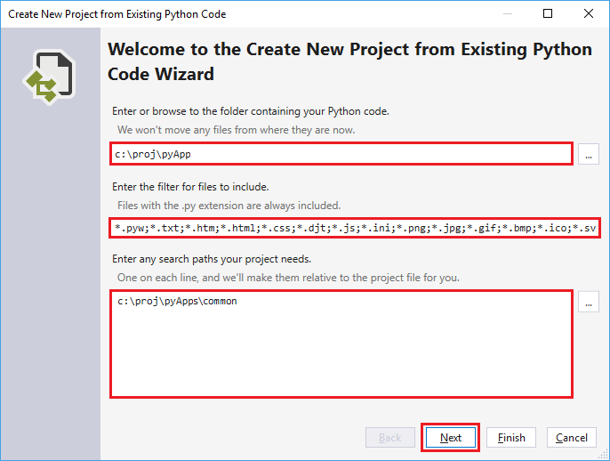 New Project from Existing Code, step 1