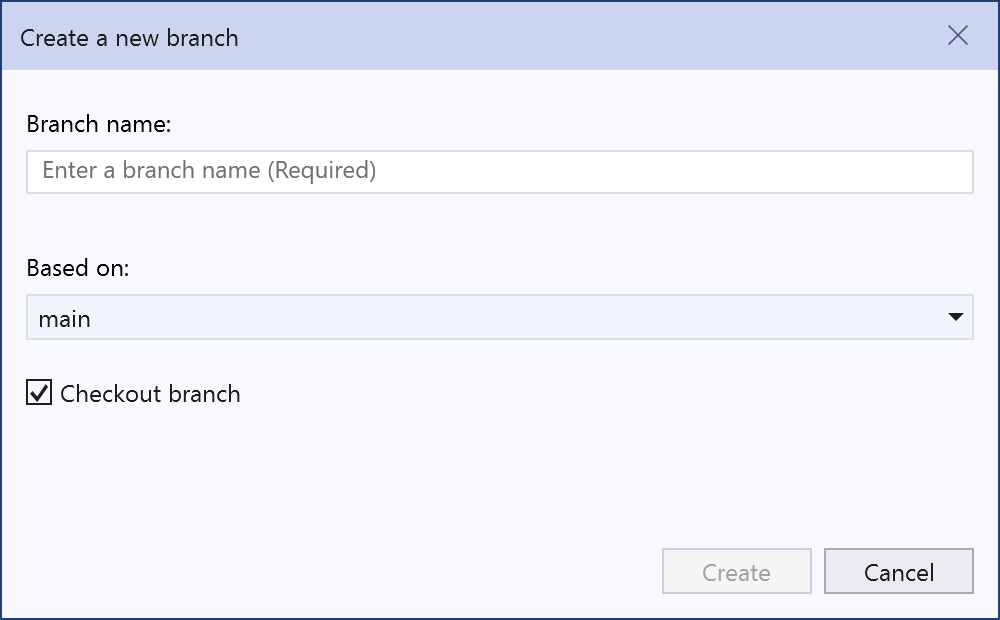 A caixa de diálogo Criar um Novo Branch no Visual Studio