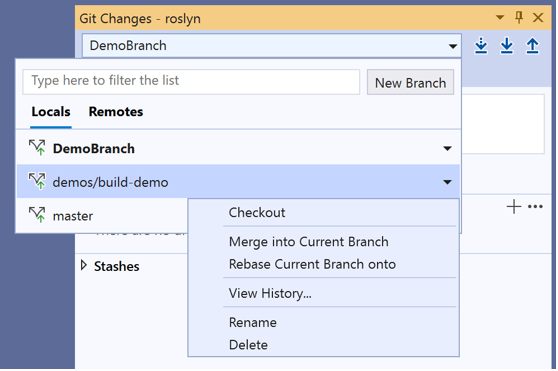 Os branches atuais exibidos usando o seletor na parte superior do seletor de Alterações do Git no Visual Studio 
