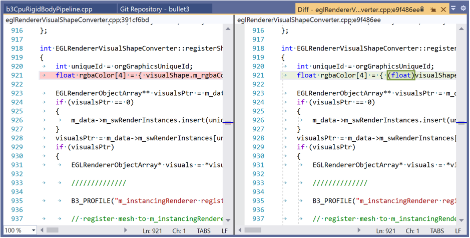 A comparação linha a linha das versões de arquivo no Visual Studio