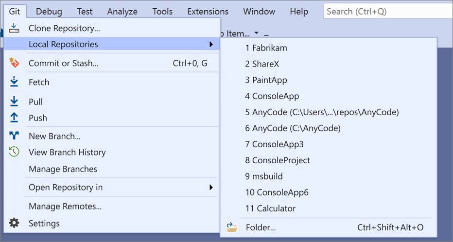 Opção Repositórios Locais no menu Git no Visual Studio 