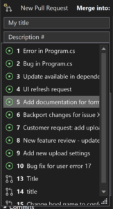 Nova pull request com # na caixa de descrição e uma lista dos problemas relacionados do GitHub e solicitações pull mostradas no Visual Studio 2022.