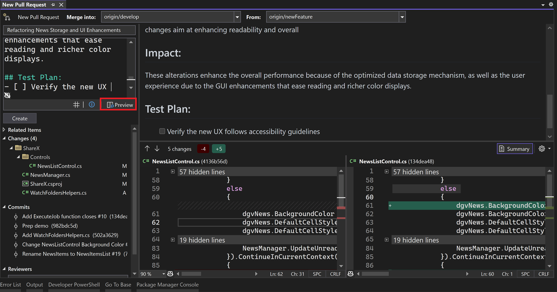 A janela Nova pull request com o texto do botão de visualização realçado no Visual Studio 2022.