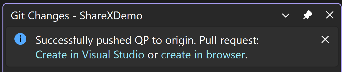 Captura de tela da janela Alterações do Git com a barra de informações “QP enviado com êxito para a origem. Pull request: Criar no Visual Studio ou criar no navegador.” no Visual Studio 2022.