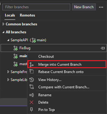 Captura de tela da funcionalidade do seletor de branch na janela de ferramentas Alterações do Git.