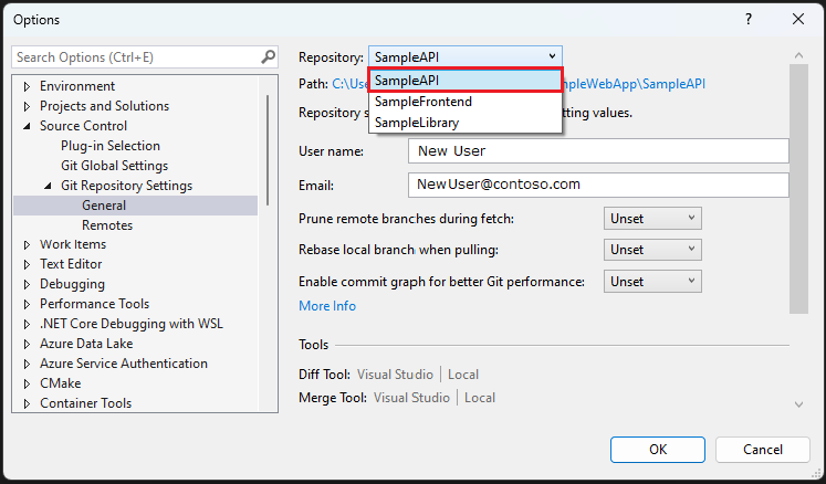 Captura de tela da opção Configurações do Repositório Git no Visual Studio.