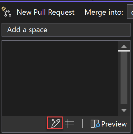 Captura de tela do ícone de caneta brilhante para solicitar que o GitHub Copilot gere uma descrição de pull request.