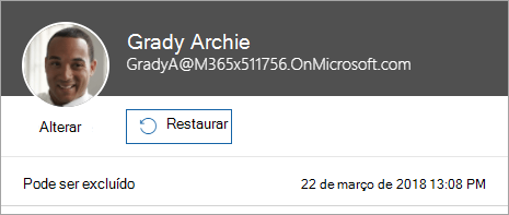 Captura de tela mostrando o comando para restaurar um usuário na administração do Microsoft 365.