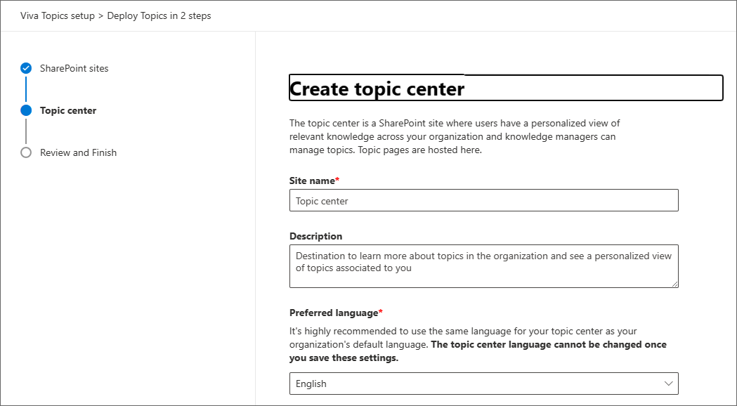 Captura de tela da página de instalação do centro de tópicos.