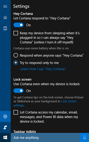 Captura de tela das configurações de área de trabalho da Cortana para hardware palavra-chave spotter e ativar o recurso de voz.
