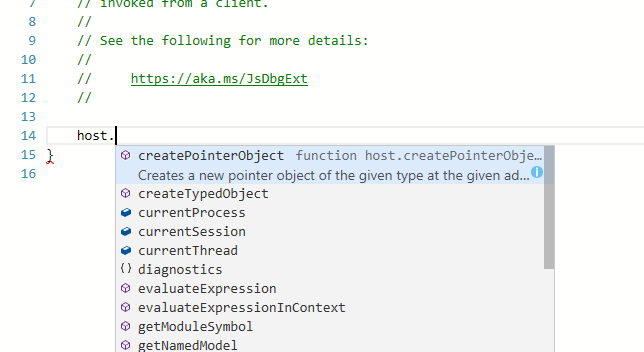 Captura de tela da janela de script no depurador do WinDbg com IntelliSense e realce de erros.