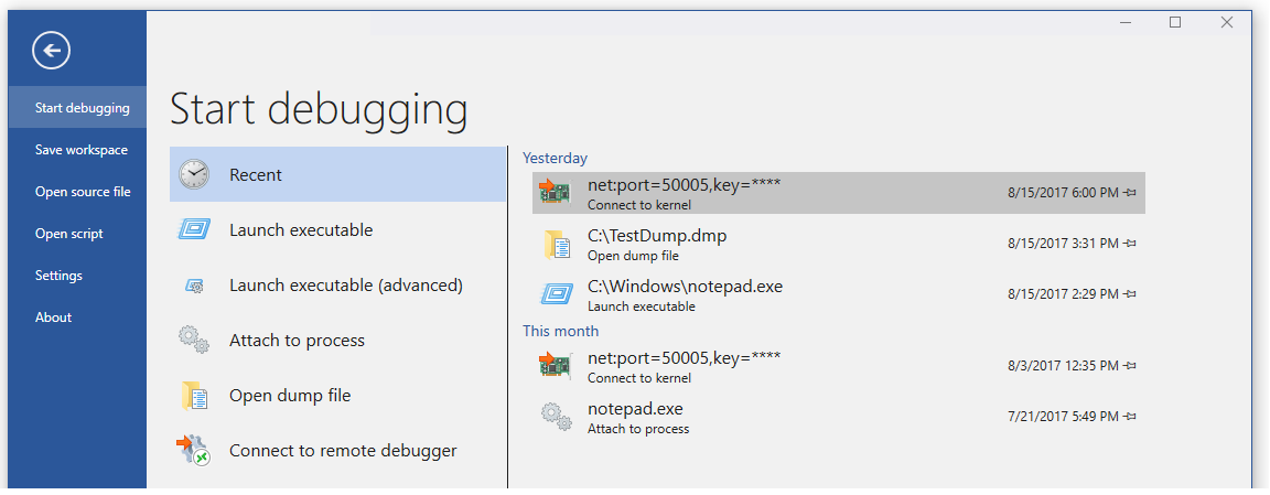 Captura de tela do menu Iniciar depuração no depurador WinDbg.
