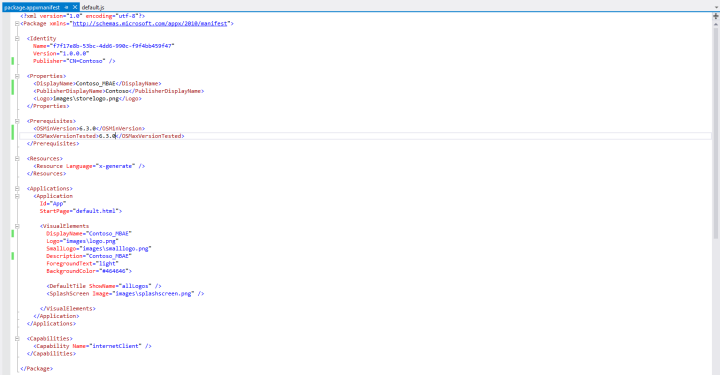 Captura de tela do arquivo package.appxmanifest na exibição de código.
