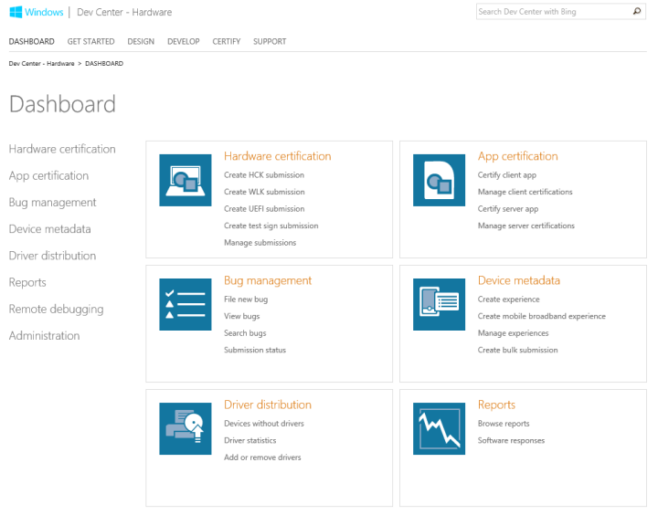 Captura de tela da página de aterrissagem do dashboard de hardware do Centro de Desenvolvimento do Windows.