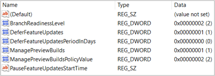 Captura de tela dos valores Windows Update for Business no Editor do Registro.