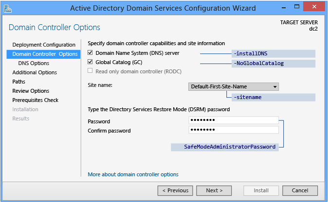 Screenshot that shows the Domain Controller Options page.