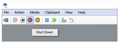 Screenshot that shows the Hyper-V Manager Shut Down button.
