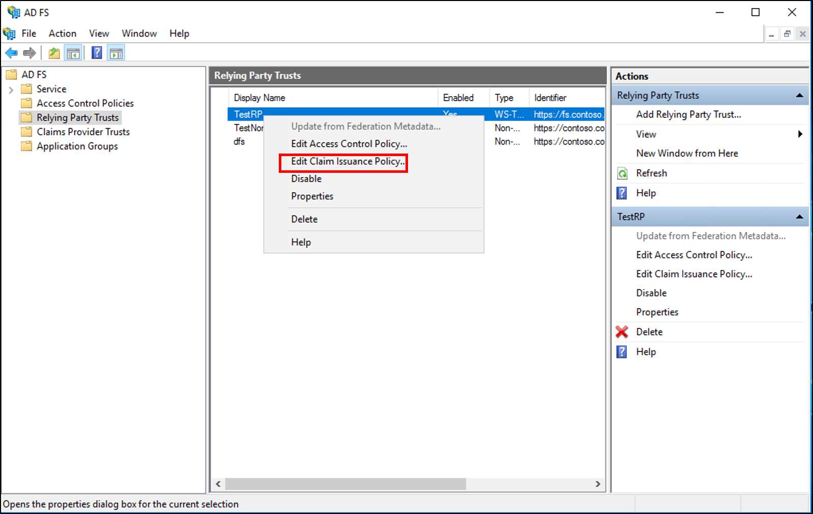 Screenshot that shows where to select the Edit Claim Issuance Policy menu option when you create a rule to pass through or filter an incoming claim on a Relying Party Trust in Windows Server 2016.