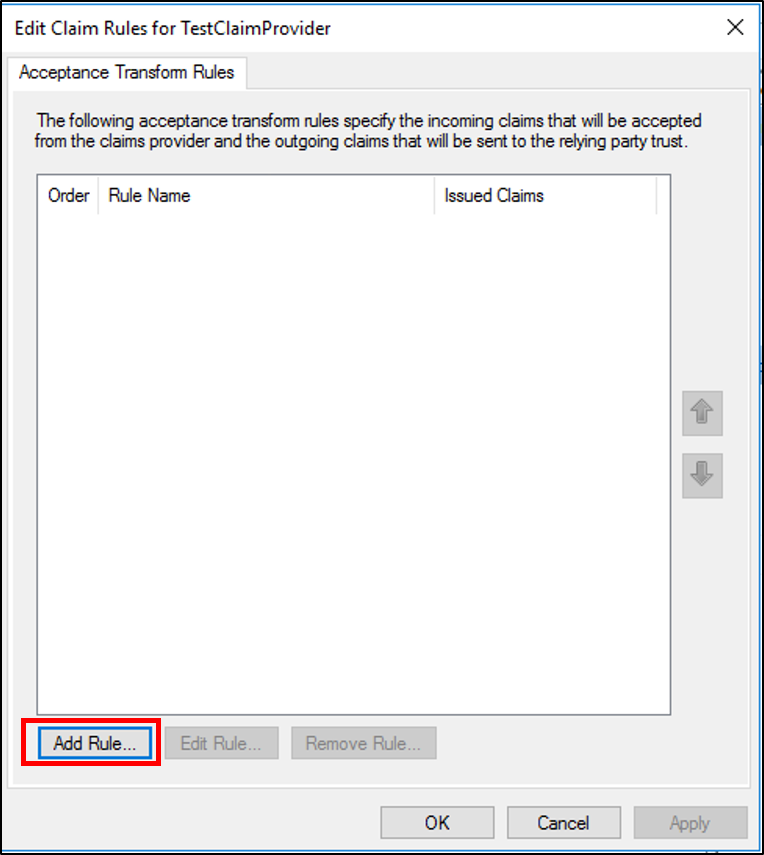 Screenshot that shows where to select the Add Rule button on the Acceptance Transform Rules tab when you create a rule to transform an incoming claim.