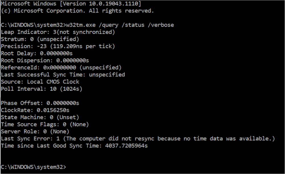 Output of the w32tm /query /status /verbose command, that lists parameter values for the time service.