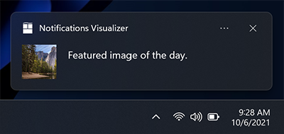 Uma captura de tela de uma notificação de aplicativo mostrando o posicionamento da imagem de substituição do logotipo do aplicativo em um quadrado no lado esquerdo da área visual da notificação.