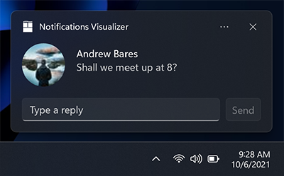 Uma captura de tela de uma notificação do sistema com uma foto de perfil e algumas linhas de texto. Uma caixa de texto para digitar diretamente na notificação do sistema é incluída, bem como um botão para enviar a resposta.