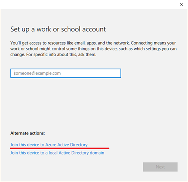 opção de ingressar na conta do trabalho ou da escola para Microsoft Entra ID