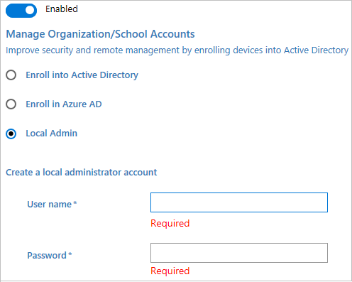 No Designer de Configuração do Windows, ingresse no Active Directory, no Azure AD ou crie uma conta de administrador local.