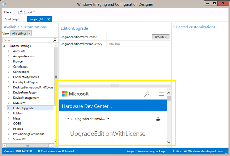 Windows Designer de Configuração abre o tópico de referência quando você seleciona uma configuração.