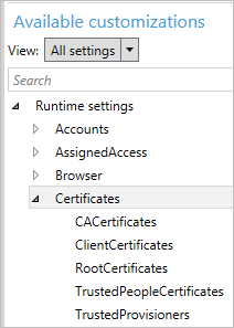 No Windows Designer de Configuração, expanda a categoria Certificados.