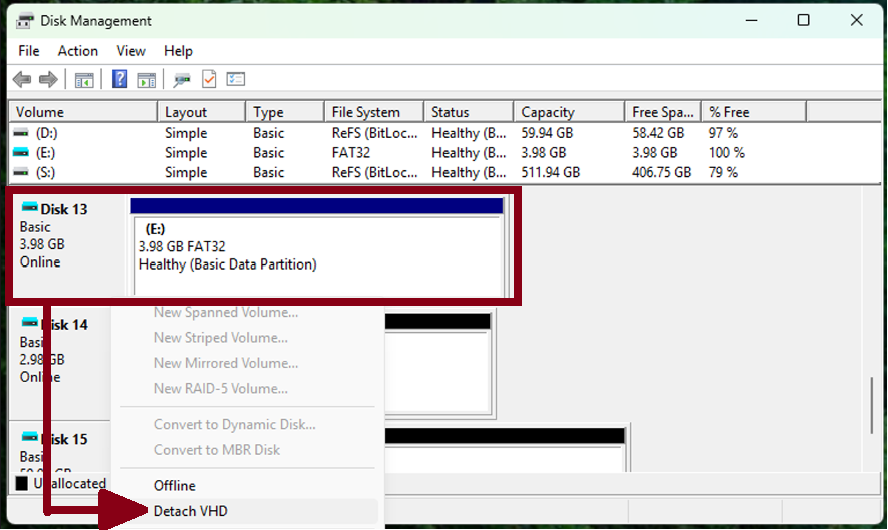 Captura de tela da ferramenta Gerenciamento de disco mostrando que o VHD pode ser selecionado e Desanexar VHD é uma opção no menu de ação.