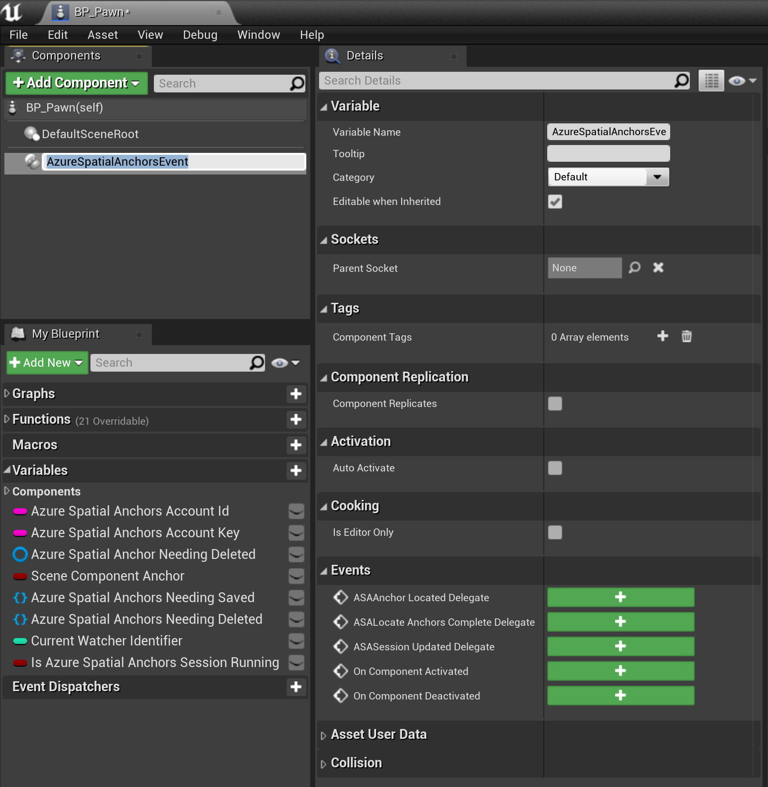 Captura de tela de BP_Pawn aberto no editor de blueprint com os componentes e os painéis de detalhes abertos