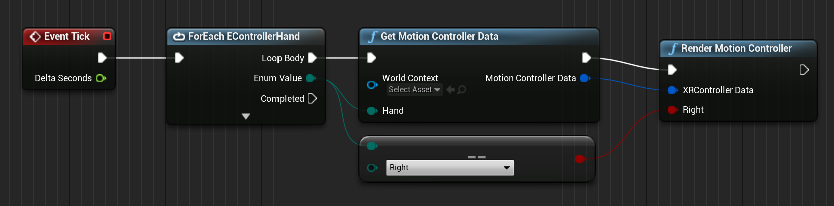 Blueprint da função obter dados do controlador de movimento conectado à função renderizar o controlador de movimento