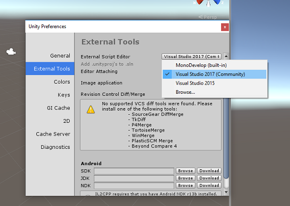 Captura de tela que mostra onde alterar o Editor de Script Externo para o Visual Studio.