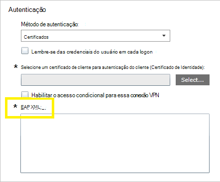 Captura de tela mostrando a configuração do EAP XML no perfil Intune.